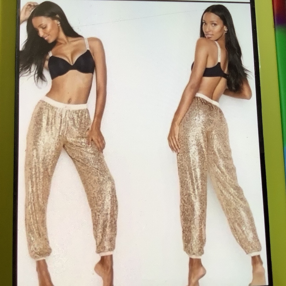EUC ladies Victoria’s Secret lined gold‎ sequins joggers shiny sz. Xl